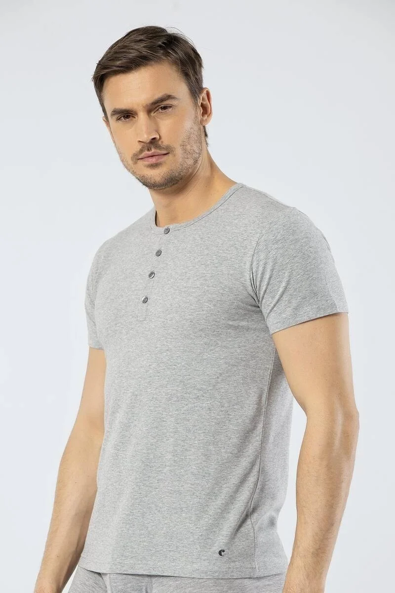 كاشاريل Men's Crew Neck Buttoned Gray T-shirt