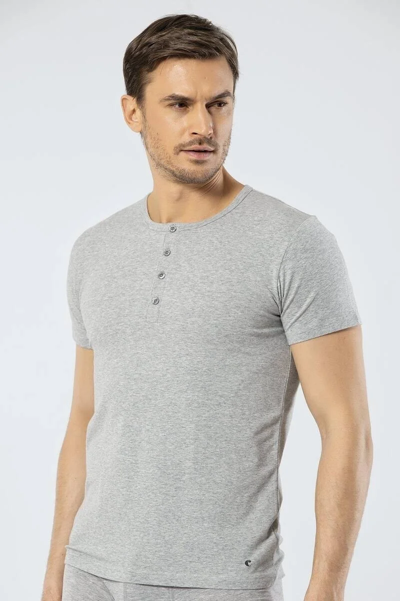 كاشاريل Men's Crew Neck Buttoned Gray T-shirt