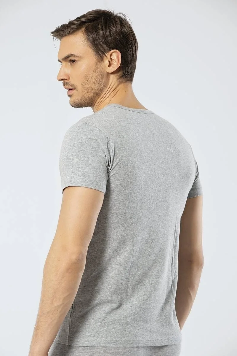 كاشاريل Men's Crew Neck Buttoned Gray T-shirt
