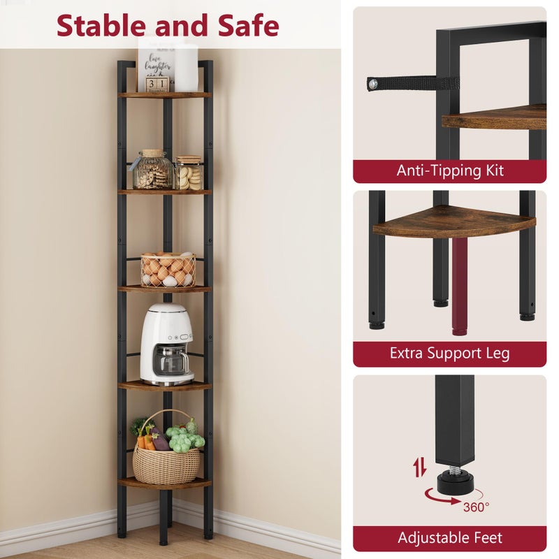 Tajsoon Narrow Corner Shelf Stand 5 Tier 60.5" Industrial Corner Ladder Shelves with Metal Frame, Multipurpose Tall Corner Bookshelf Bedroom, Living Room, Office, Kitchen, Rustic Brown - Image 4