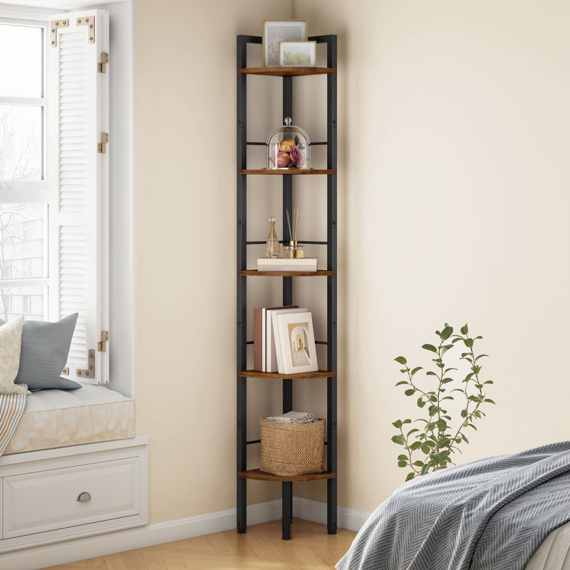 Tajsoon Narrow Corner Shelf Stand 5 Tier 60.5" Industrial Corner Ladder Shelves with Metal Frame, Multipurpose Tall Corner Bookshelf Bedroom, Living Room, Office, Kitchen, Rustic Brown - Image 1