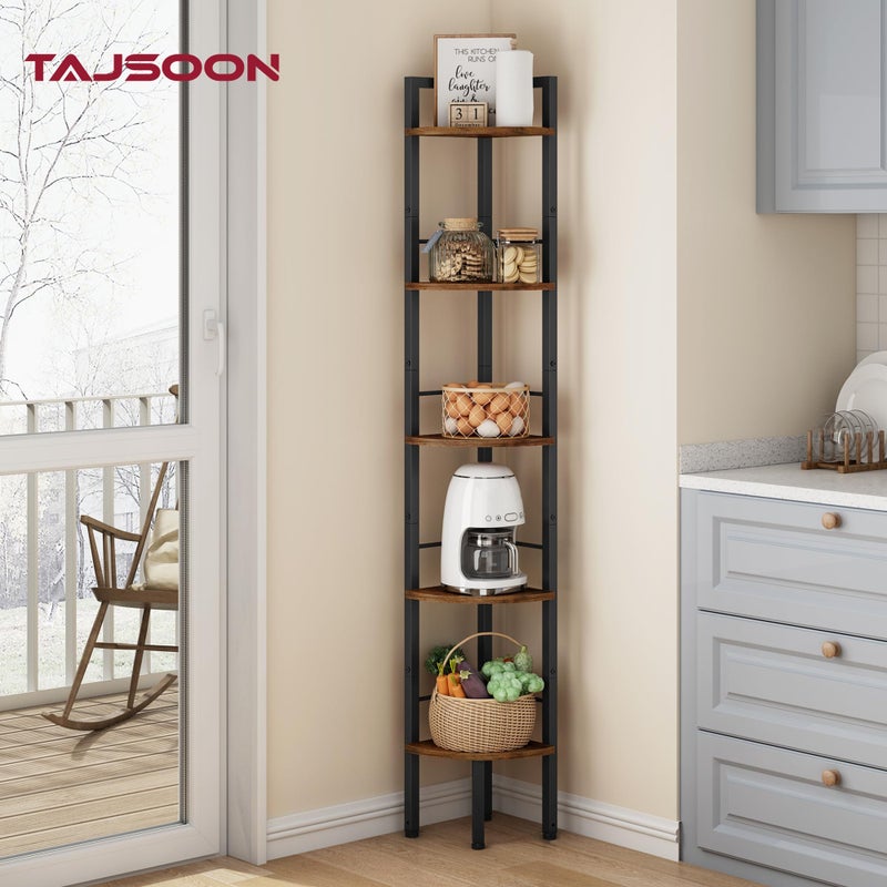 Tajsoon Narrow Corner Shelf Stand 5 Tier 60.5" Industrial Corner Ladder Shelves with Metal Frame, Multipurpose Tall Corner Bookshelf Bedroom, Living Room, Office, Kitchen, Rustic Brown - Image 5