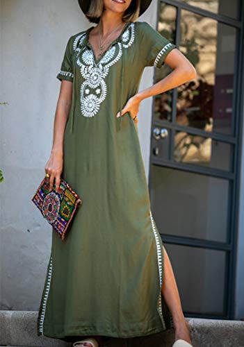 YouKD Summer Embroidered Floral Loose Caftan Boho Beach Cover Up Dress Plus Size Robe for Women D Navy - Image 4
