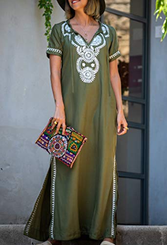 YouKD Summer Embroidered Floral Loose Caftan Boho Beach Cover Up Dress Plus Size Robe for Women D Navy - Image 5