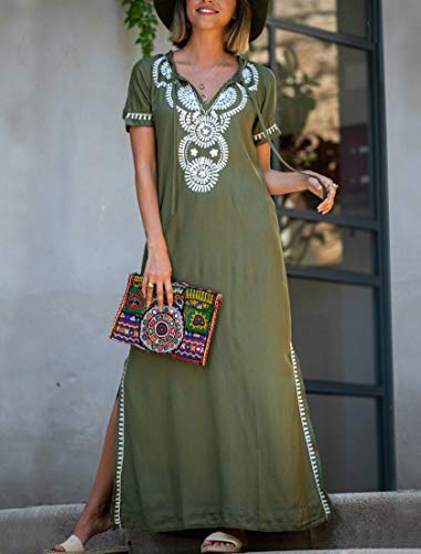 YouKD Summer Embroidered Floral Loose Caftan Boho Beach Cover Up Dress Plus Size Robe for Women D Navy - Image 3