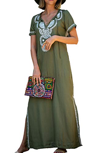 YouKD Summer Embroidered Floral Loose Caftan Boho Beach Cover Up Dress Plus Size Robe for Women D Navy - Image 1
