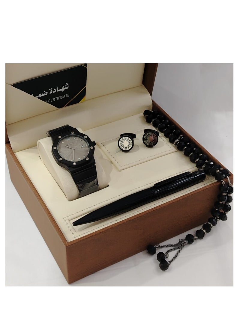 Generic 4-Piece Watch Gift Set for Men (Wristwatch with Pen, Set of Buttons and Rosary) 