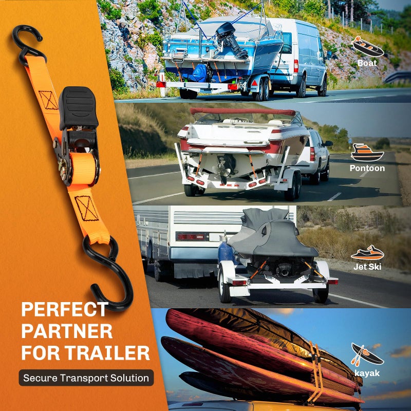 WELLUCK Boat Trailer Transom Tie Down Straps 2400 LBS, 1 Inch x 4 FT Heavy Duty Retractable Ratchet Straps Tie Downs to Trailer Marine Jet Ski Pontoon, with Quick Release Buckle & Anti-Scratch Hooks - Image 5