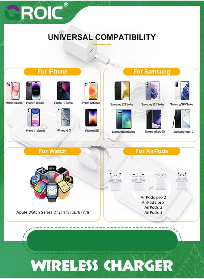 GROIC - Wireless Charger 3 in 1, Magnetic Charging Station Compatible with iPhone, for Apple Watch Earphone Foldable Charger - Image 1