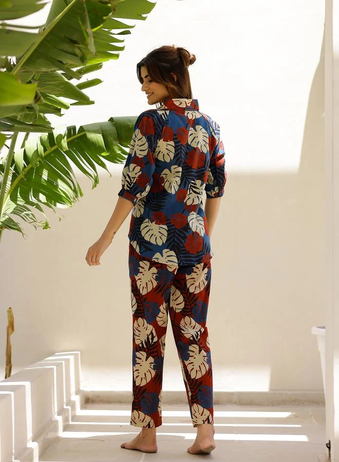 sanskrutihomes Blue Printed Cotton Shirt and Pyjama Set