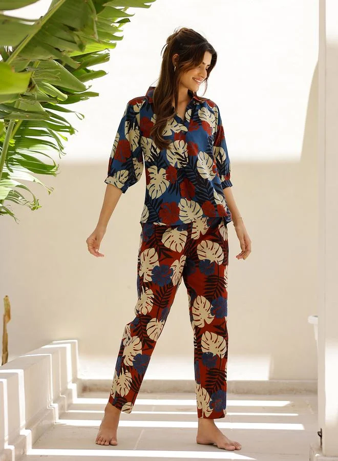 sanskrutihomes Blue Printed Cotton Shirt and Pyjama Set