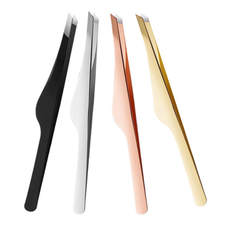 Professional Beauty Tool 4pcs Stainless Steel Eyebrow Eyelash Tweezers Set Slant Tip Black Rose Gold - Image 2