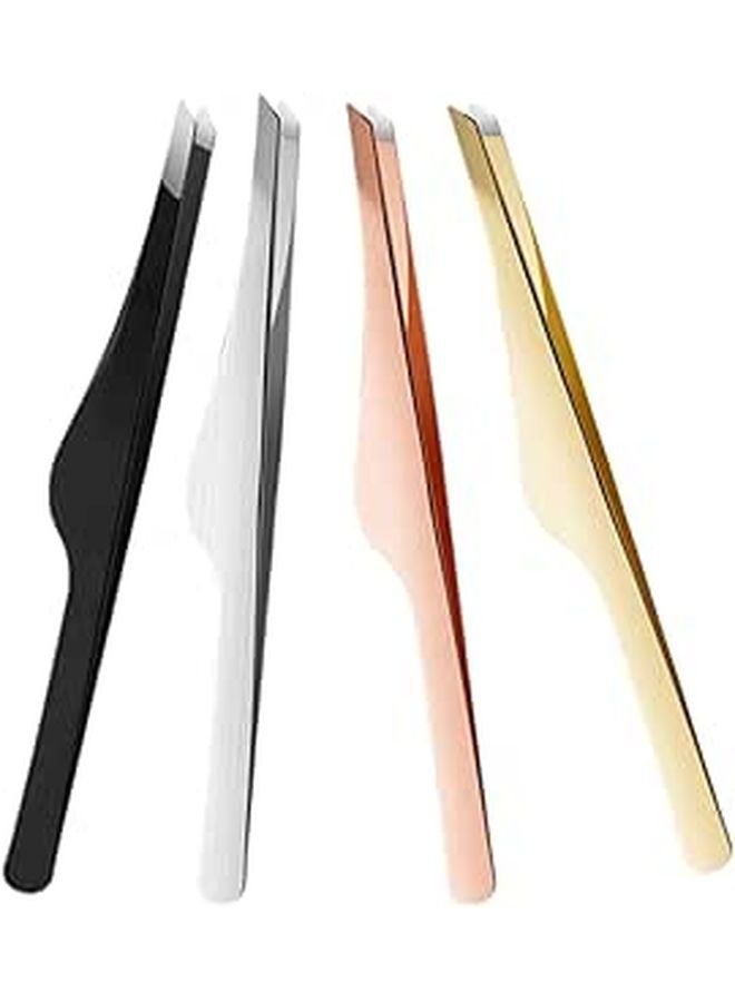 Professional Beauty Tool 4pcs Stainless Steel Eyebrow Eyelash Tweezers Set Slant Tip Black Rose Gold - Image 1