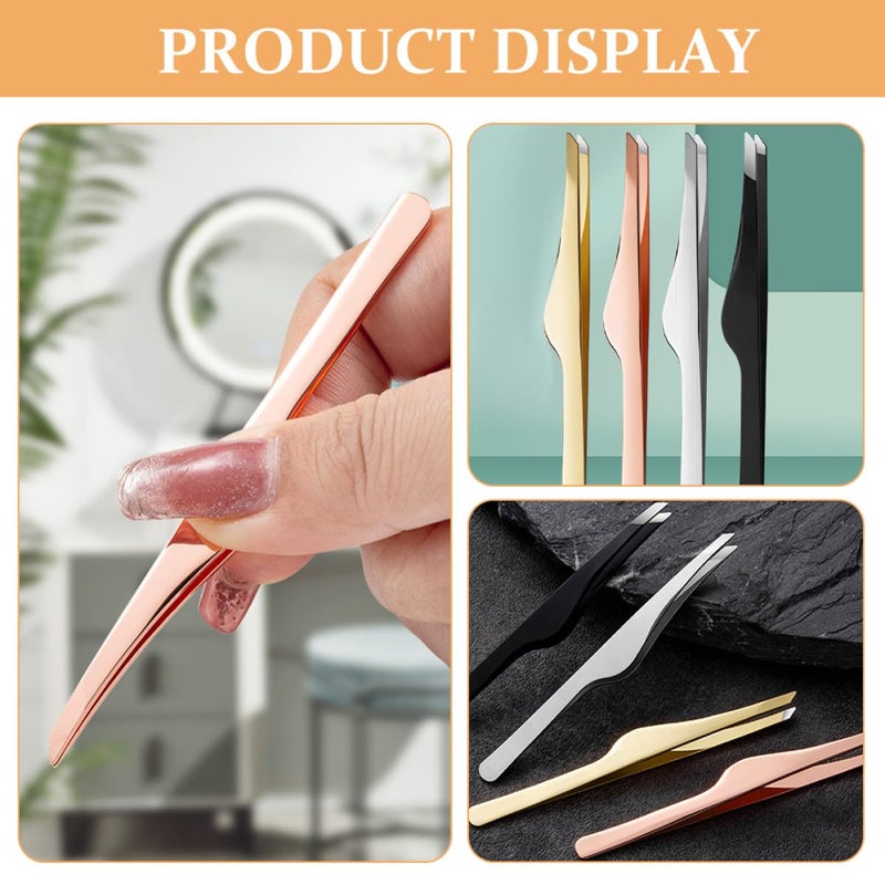 Professional Beauty Tool 4pcs Stainless Steel Eyebrow Eyelash Tweezers Set Slant Tip Black Rose Gold - Image 5