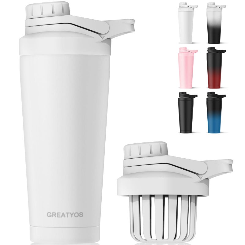 Greatyos Stainless Steel Shaker Bottle with NoiseFree Design  Patented 24 oz Insulated Metal Shakers Bottles Cup for Protein Mixes and Pre Workout 100 Leak Proof White