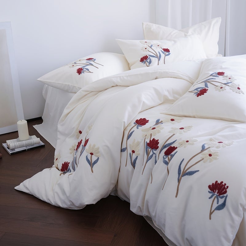 3pcs Elegant Embroidered Floral Bedding, Includes 1 Duvet Cover and 2 Pillowcases (filling Not Included). Features a Zippered Duvet Cover for Easy Removal and Washing. Made from Soft, Comfortable Fabric Suitable for All Seasons - Image 3