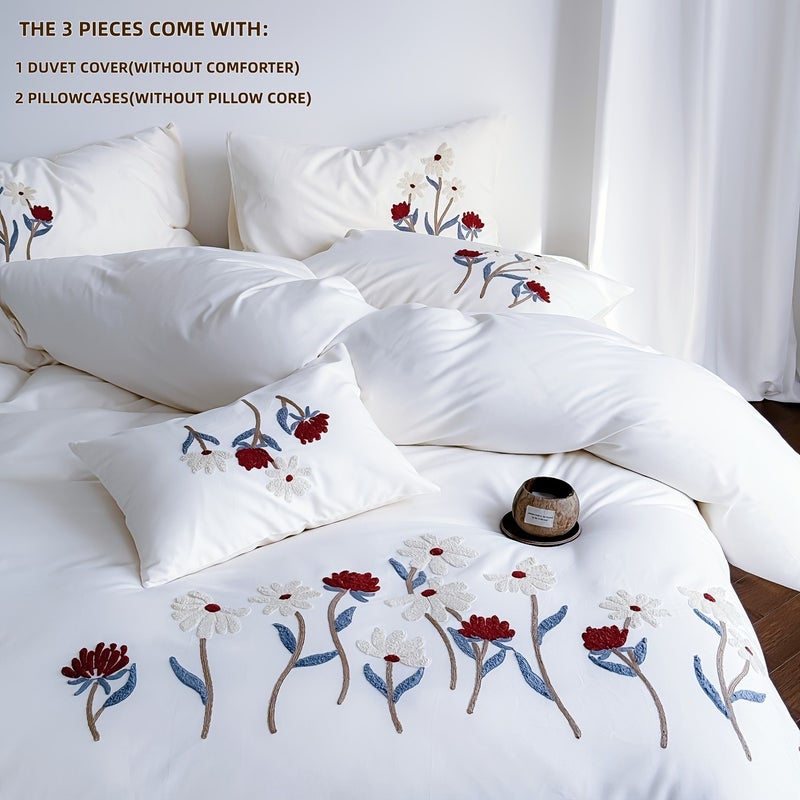 3pcs Elegant Embroidered Floral Bedding, Includes 1 Duvet Cover and 2 Pillowcases (filling Not Included). Features a Zippered Duvet Cover for Easy Removal and Washing. Made from Soft, Comfortable Fabric Suitable for All Seasons - Image 1