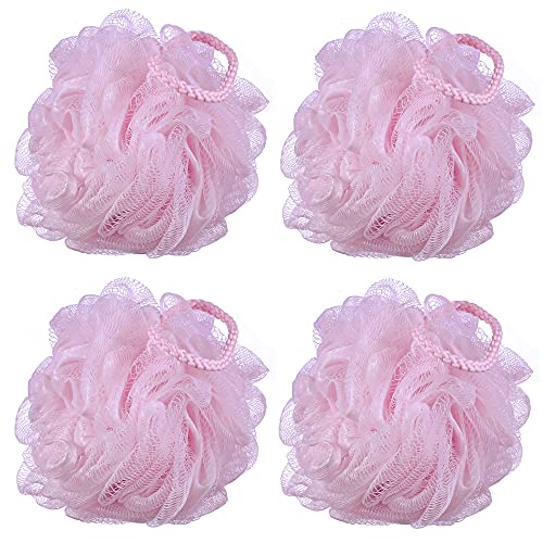 iboodi 60g/pcs Pink Mesh Bath Sponge Shower Pouf Loofahs Shower Puff Pack of 4 (Pink) - Image 1