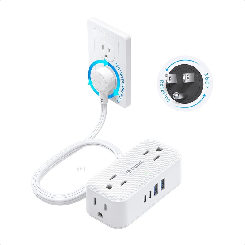 TROND 360° Rotating Flat Plug Power Strip, 5FT Extension Cord with 4 USB Ports, 4 Wide Spaced AC Outlets, Wall Mount, 900J Surge Protector for Office Travel Dorm Room Essentials, White - Image 1