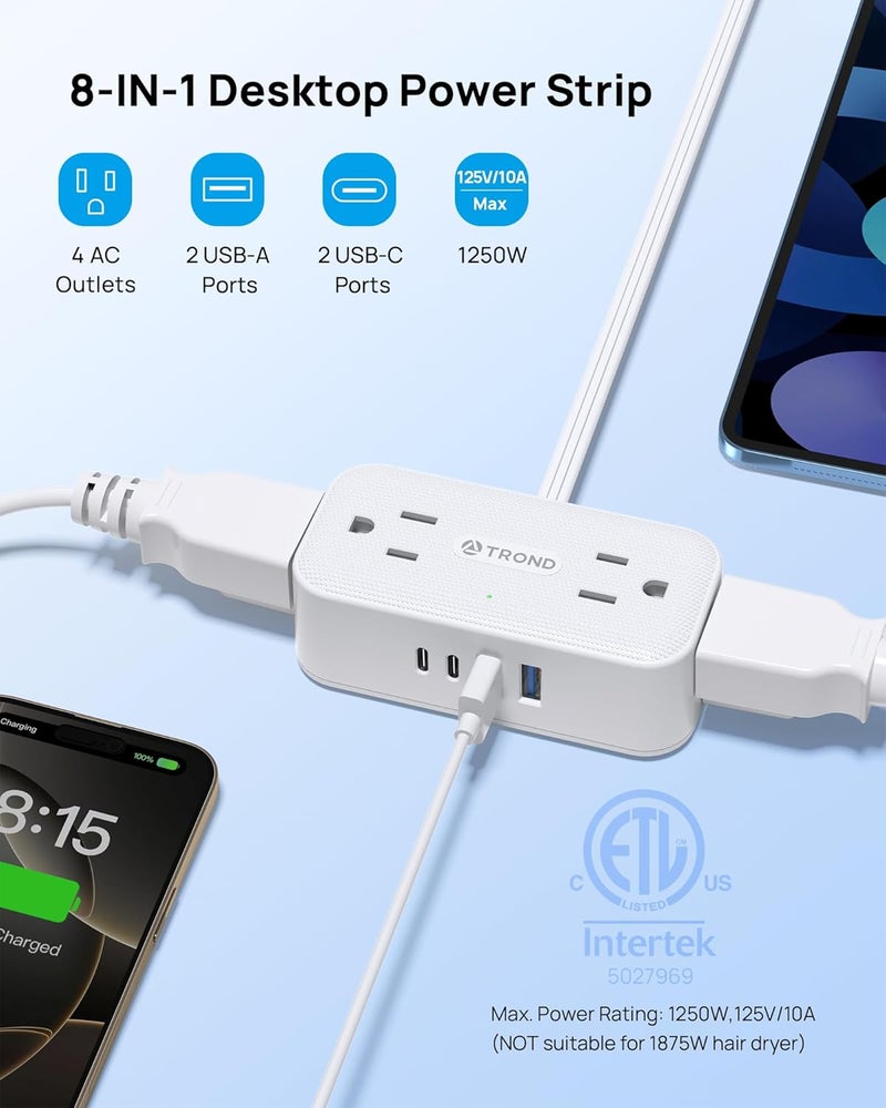 TROND 360° Rotating Flat Plug Power Strip, 5FT Extension Cord with 4 USB Ports, 4 Wide Spaced AC Outlets, Wall Mount, 900J Surge Protector for Office Travel Dorm Room Essentials, White - Image 3