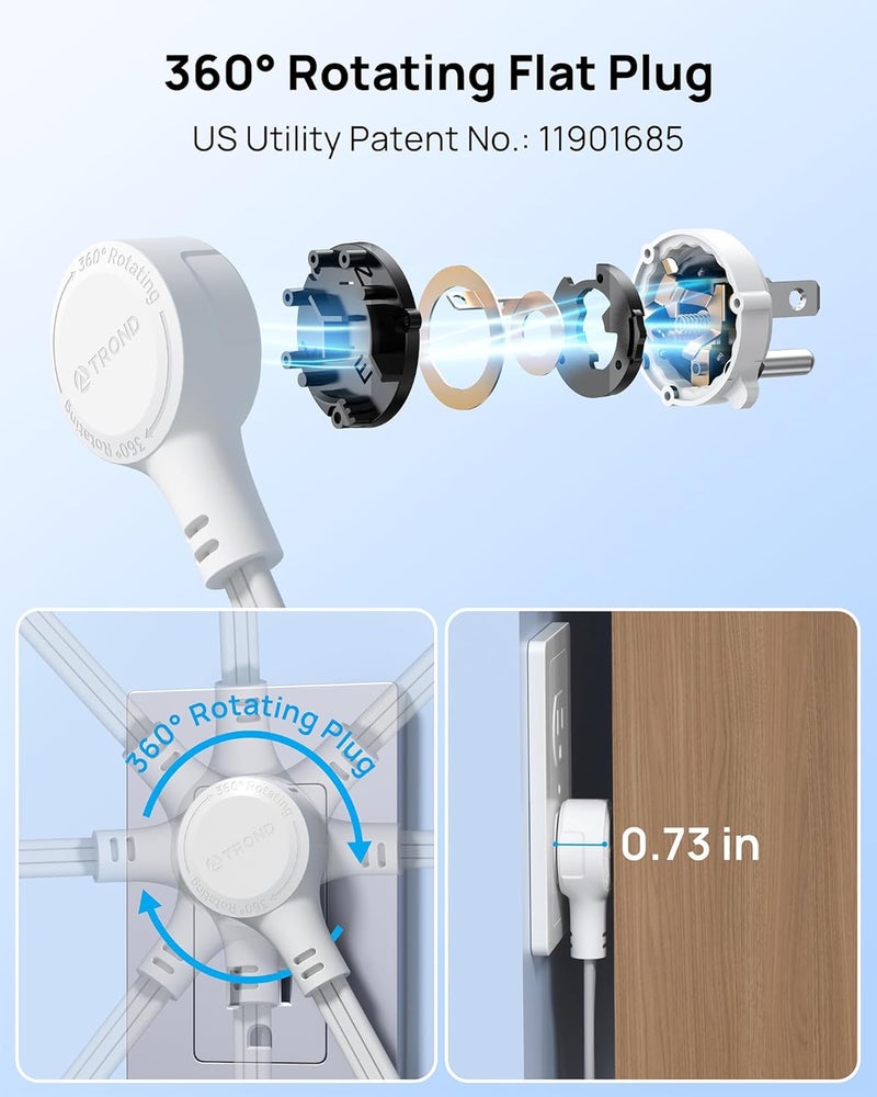 TROND 360° Rotating Flat Plug Power Strip, 5FT Extension Cord with 4 USB Ports, 4 Wide Spaced AC Outlets, Wall Mount, 900J Surge Protector for Office Travel Dorm Room Essentials, White - Image 2