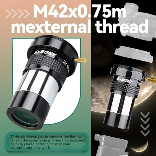 SVBONY SV137 2X Barlow Lens 1.25 inch Metal Body Fully Multi-Coated Telescope Accessory Internal Brass Ring with Male T-Thread for Telescope - Image 5