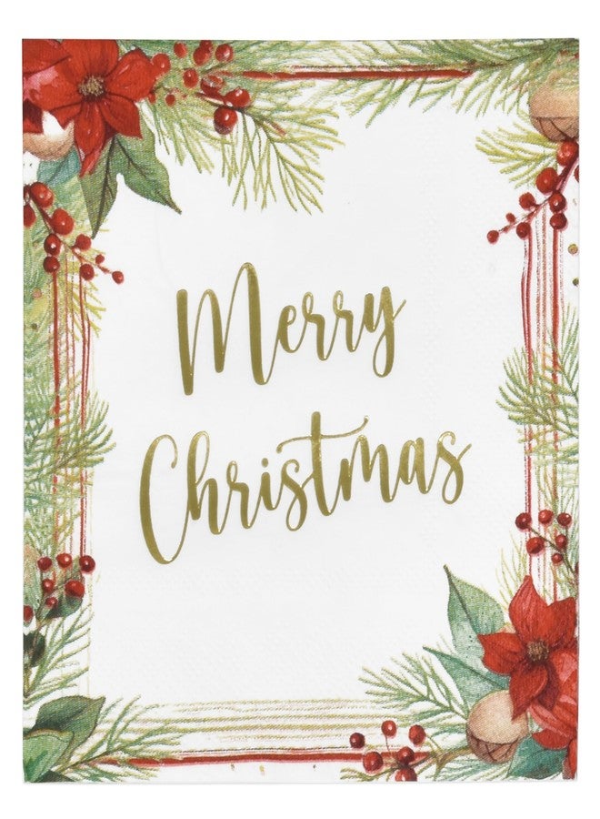 Gift Boutique 100 Pack Merry Christmas Gold Foil Cocktail Napkins Disposable Paper Poinsettia Pine Design for Holiday Dinner Buffet Party Table Decorations - Image 1