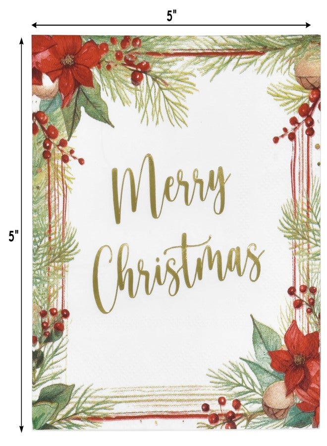 Gift Boutique 100 Pack Merry Christmas Gold Foil Cocktail Napkins Disposable Paper Poinsettia Pine Design for Holiday Dinner Buffet Party Table Decorations - Image 3
