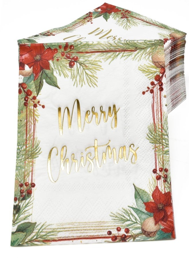 Gift Boutique 100 Pack Merry Christmas Gold Foil Cocktail Napkins Disposable Paper Poinsettia Pine Design for Holiday Dinner Buffet Party Table Decorations - Image 2