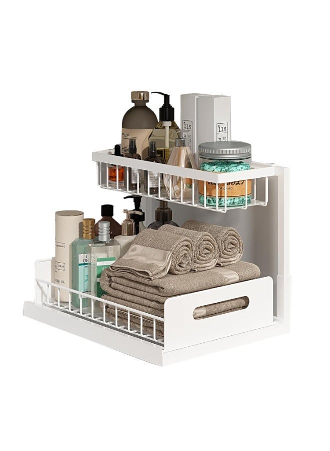 Under Sink Organizer 2 Tier Pull Out Cabinet Storage Shelf for Kitchen Bathroom, White - Image 1