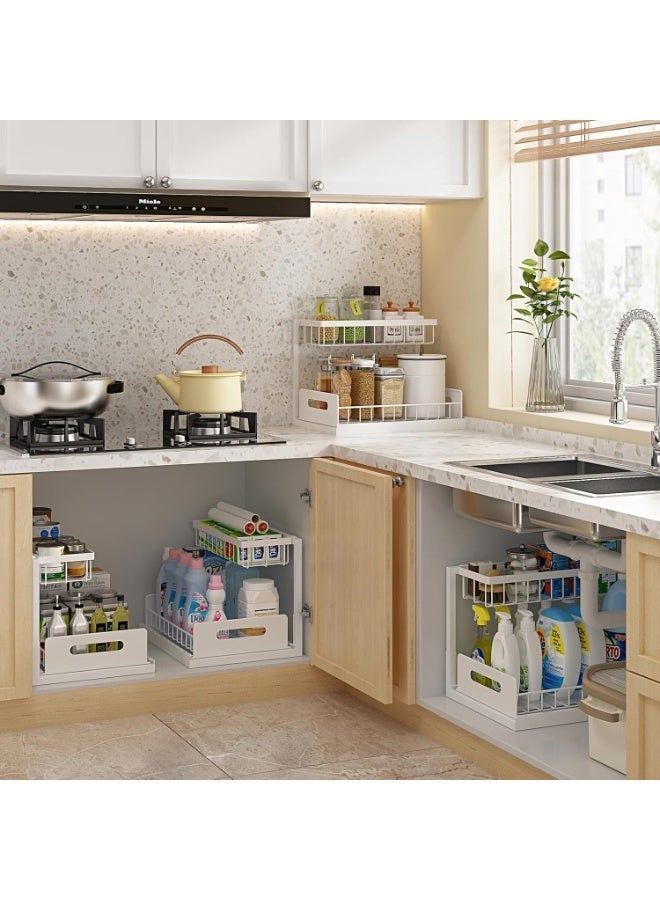 Under Sink Organizer 2 Tier Pull Out Cabinet Storage Shelf for Kitchen Bathroom, White - Image 2