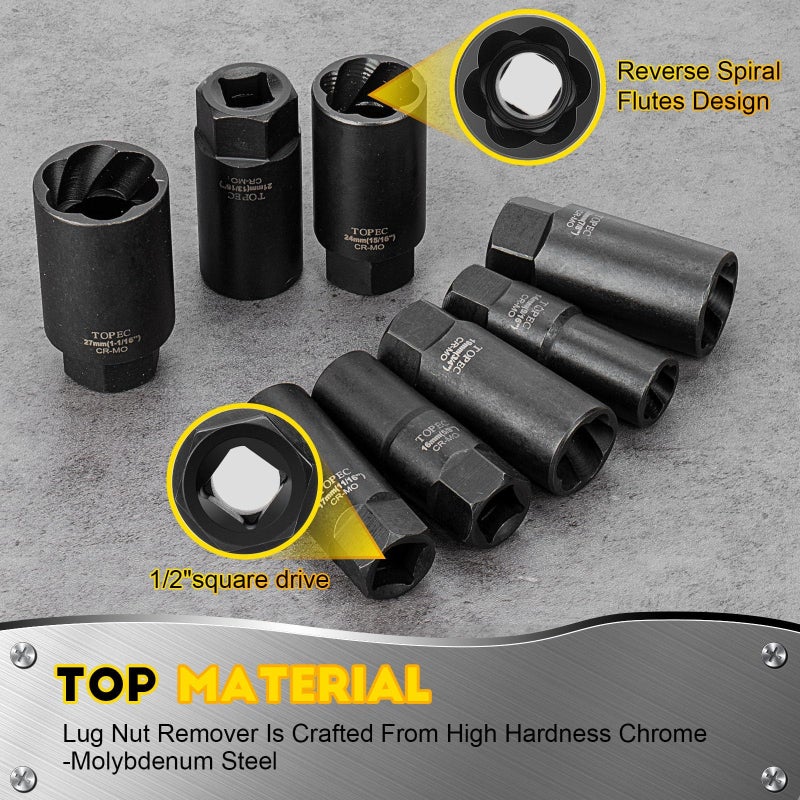 TOPEC 10PCS Deep Lug Nut Remover Heavy Duty, 1/2" Drive Impact Wheel Lock Removal Kit, Spiral Type Lug Nut Removal Tool for Removing Stripped, Broken, Damaged, Rounded Bolts, Nuts & Screws - Image 5