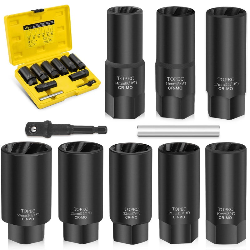 TOPEC 10PCS Deep Lug Nut Remover Heavy Duty, 1/2" Drive Impact Wheel Lock Removal Kit, Spiral Type Lug Nut Removal Tool for Removing Stripped, Broken, Damaged, Rounded Bolts, Nuts & Screws - Image 1