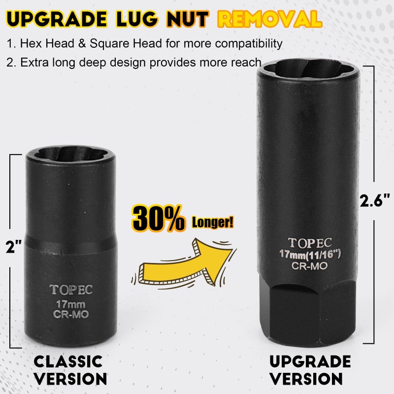 TOPEC 10PCS Deep Lug Nut Remover Heavy Duty, 1/2" Drive Impact Wheel Lock Removal Kit, Spiral Type Lug Nut Removal Tool for Removing Stripped, Broken, Damaged, Rounded Bolts, Nuts & Screws - Image 4