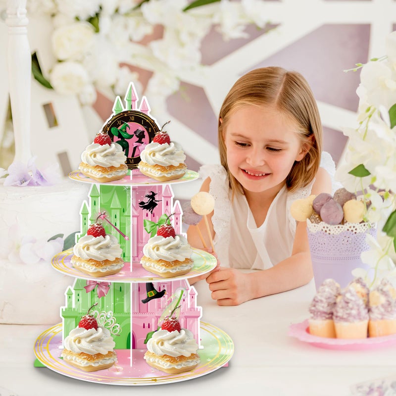 KALEFO 3 Tier Pink and Green Witch Theme Cupcake Stand Elegant Princess Witches Themed Dessert Display for Halloween Wizard Birthday Party Decor Table Decoration - Image 4