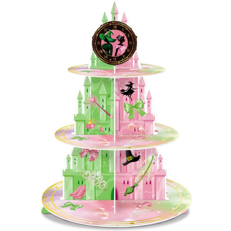 KALEFO 3 Tier Pink and Green Witch Theme Cupcake Stand Elegant Princess Witches Themed Dessert Display for Halloween Wizard Birthday Party Decor Table Decoration - Image 1