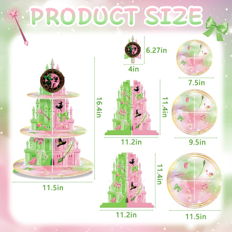 KALEFO 3 Tier Pink and Green Witch Theme Cupcake Stand Elegant Princess Witches Themed Dessert Display for Halloween Wizard Birthday Party Decor Table Decoration - Image 2