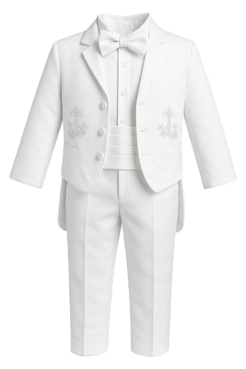 iGirlDress Baby Boys White Baptism Christening Mandarin Collar Tail 5 pcs Tuxedo with Silver Cross Embroidery 612 M - Image 2