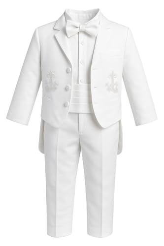 iGirlDress Baby Boys White Baptism Christening Mandarin Collar Tail 5 pcs Tuxedo with Silver Cross Embroidery 612 M - Image 1