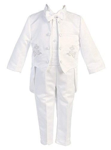 iGirlDress Baby Boys White Baptism Christening Mandarin Collar Tail 5 pcs Tuxedo with Silver Cross Embroidery 612 M - Image 3
