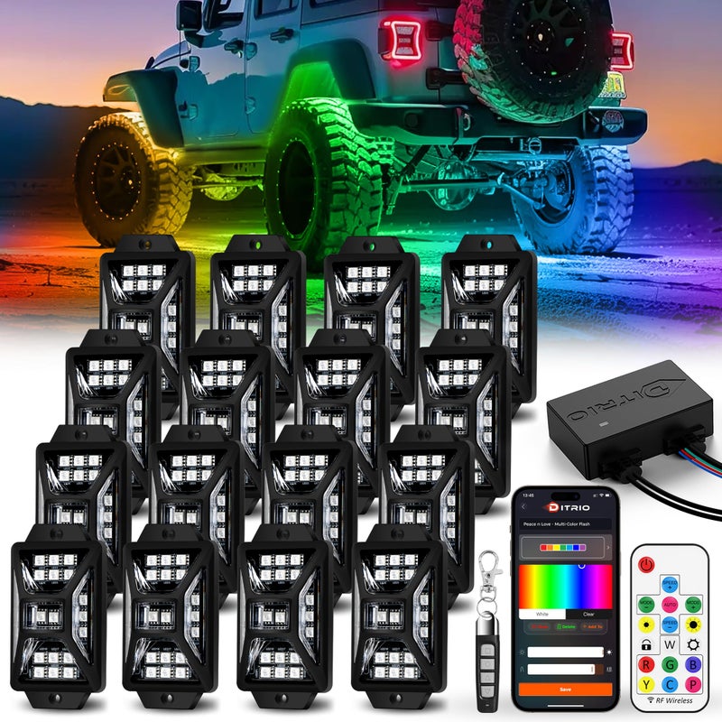 16 Pods Five Sided RGB Rock Lights for Trucks Jeep UTV SUV ATV Golf Cart Multi Chasing Color AppRemote Control Led Rock Lights with Music Mode Waterproof Exterior Underglow Kits for Cars