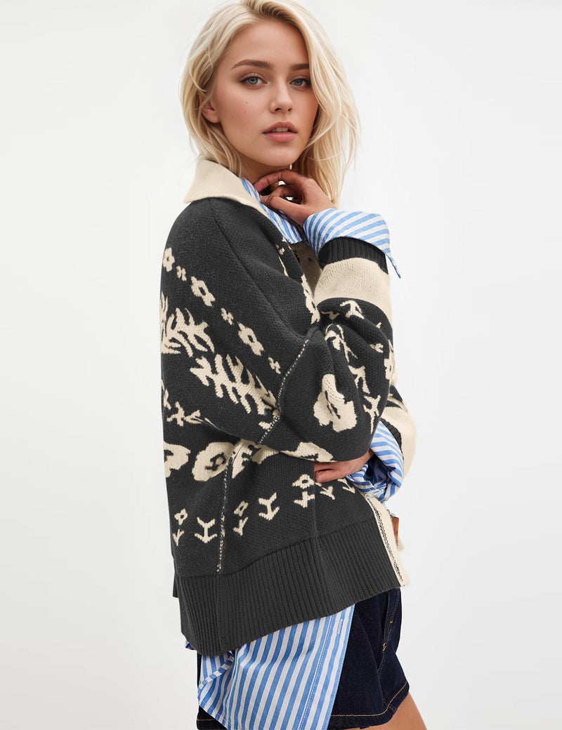 MISSACTIVER Floral Print Button Down Cardigan Sweaters for Women Long Sleeve V Neck Open Front Knit Crop Tops Fall Jacket Dark Grey - Image 3