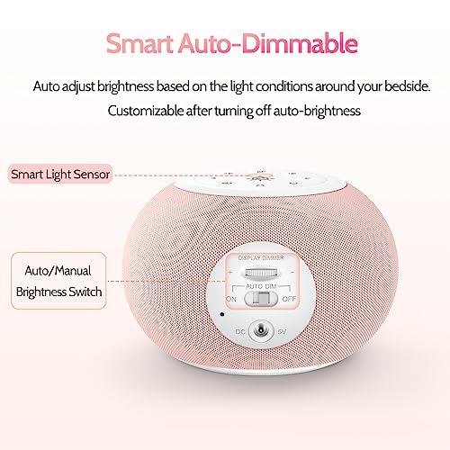 Reacher Auto Dimmable Sound Machine Alarm Clock with Night Lights, 20 Soothing Sounds, Sleep Timer, Precise Volume Control, Cute White Noise Soother for Girls, Kids, Bedrooms, Office - Image 3