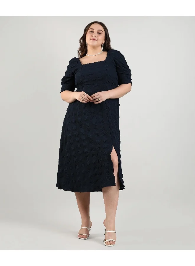 Instafab Plus Women's Navy Blue Creased Midi Dress For Casual Wear | Square Neck | Short Sleeve | Pull On Closure | Plus-Size Dress Crafted With Comfort With For Everyday Wear