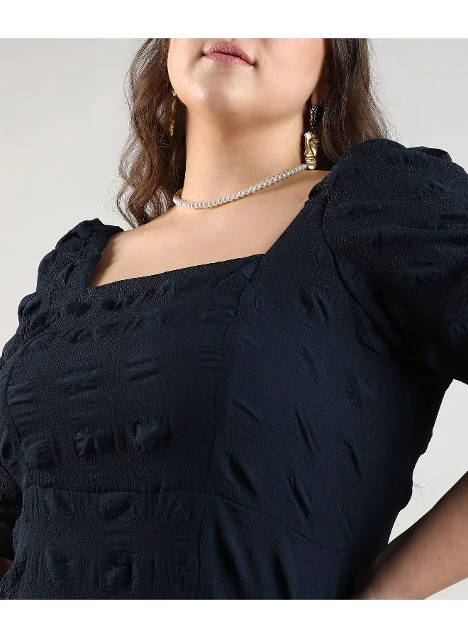 Instafab Plus Women's Navy Blue Creased Midi Dress For Casual Wear | Square Neck | Short Sleeve | Pull On Closure | Plus-Size Dress Crafted With Comfort With For Everyday Wear