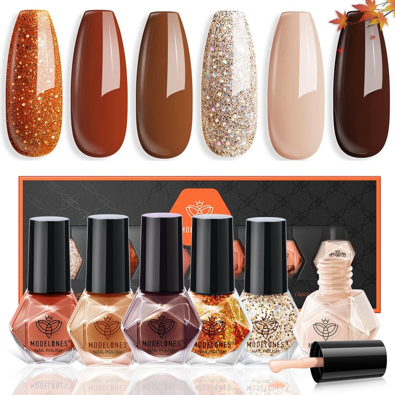 Modelones Gel Nail Polish Set, Fall Winter 6 Colors Gold Glitter Brown Nail Polish Gel, Soak OFF LED Gel Nail Kit Manicure Nail Art Manicure DIY Home Salon Gift for Women Mom - Image 1