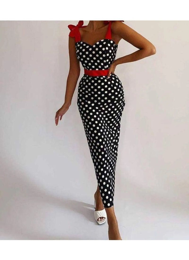 SoBe Waist Belted Ribbon Strap Polka Dot Knitted Crepe Fabric Dress.Made in Turkiye  - Image 4