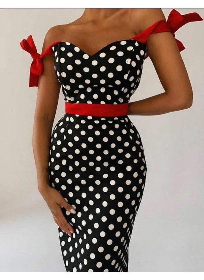 SoBe Waist Belted Ribbon Strap Polka Dot Knitted Crepe Fabric Dress.Made in Turkiye  - Image 5