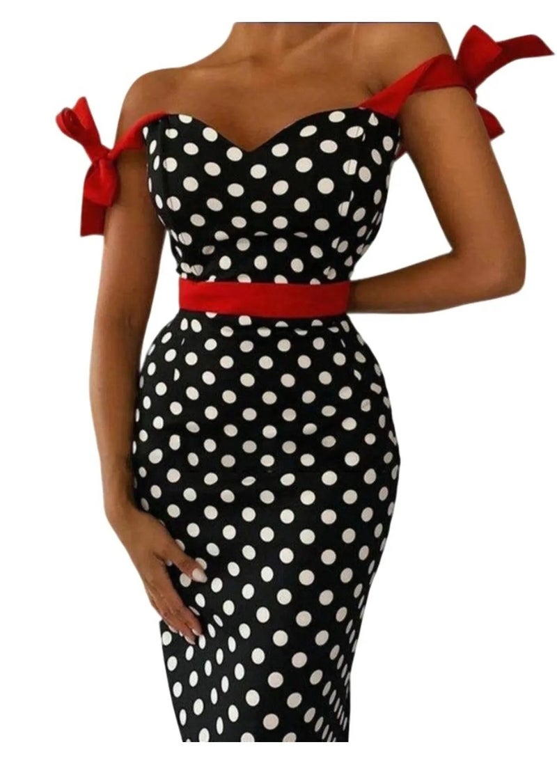 SoBe Waist Belted Ribbon Strap Polka Dot Knitted Crepe Fabric Dress.Made in Turkiye  - Image 1
