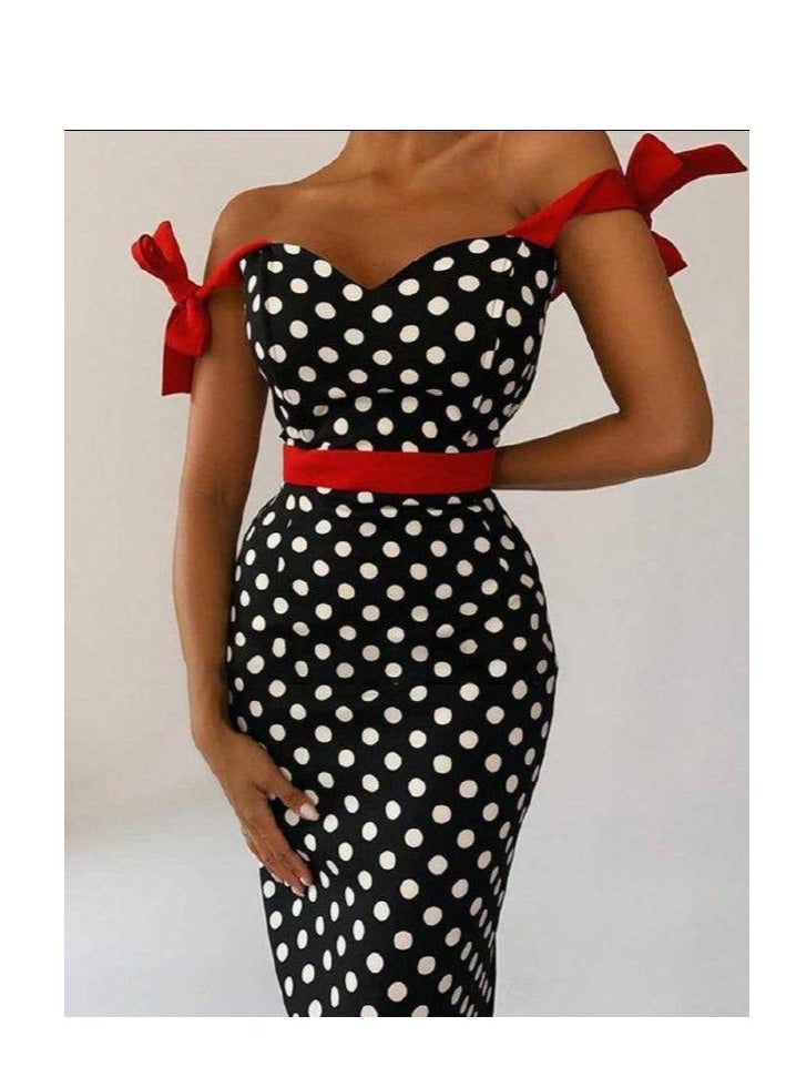 SoBe Waist Belted Ribbon Strap Polka Dot Knitted Crepe Fabric Dress.Made in Turkiye  - Image 2